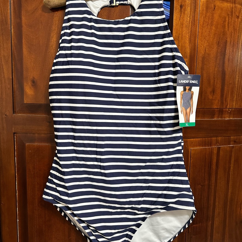 Lands' End Navy Striped Swimsuit